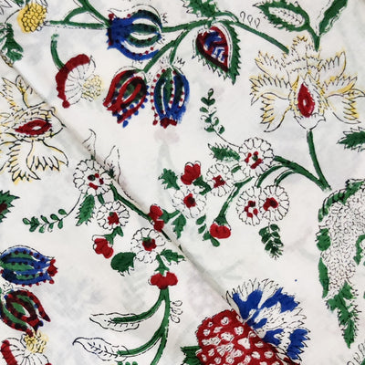 Pure Cotton Jaipuri White With Red And Blue Fruit  Jaal Hand Block Print Fabric
