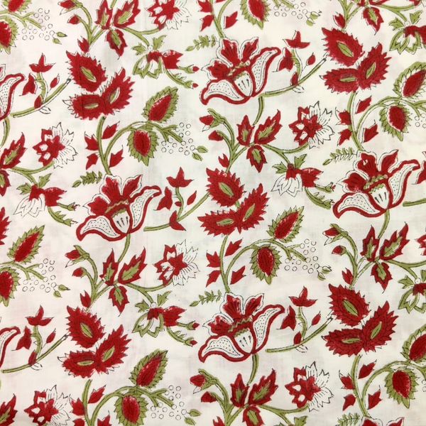 Pure Cotton Jaipuri White With Red Floral Jaal Hand Block Print Fabric