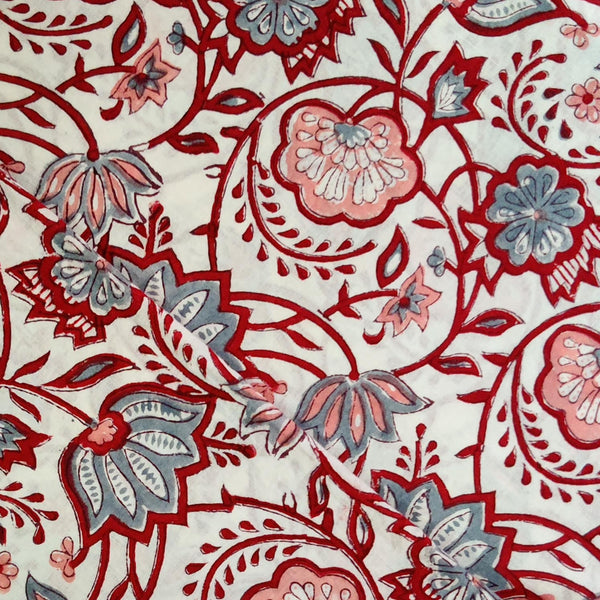 Pure Cotton Jaipuri White With Red Peach And Blue Floral Jaal HandBlock Print Fabric