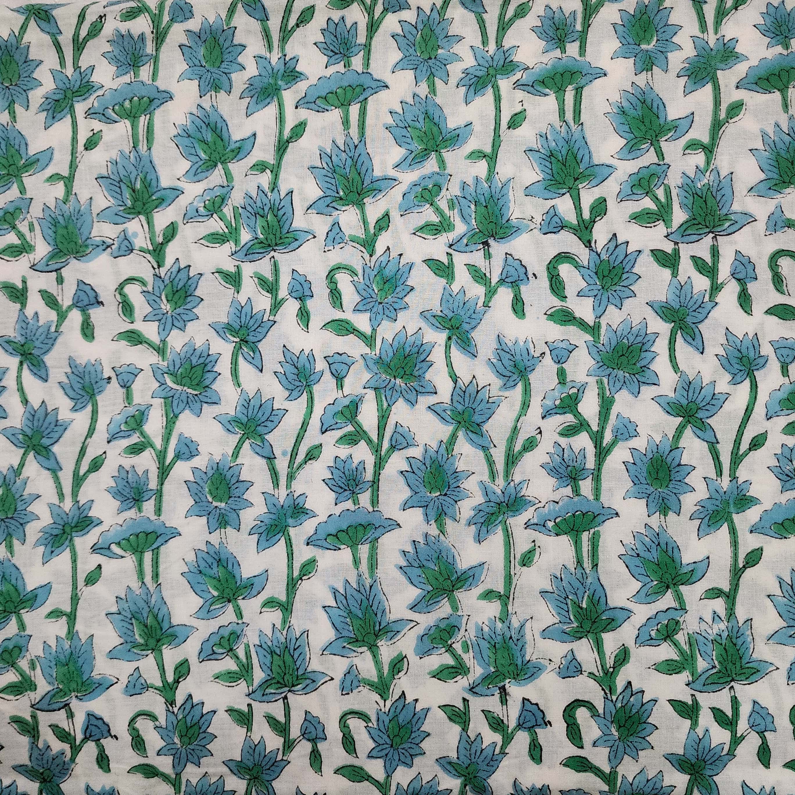 Pure Cotton Jaipuri White With Sea Green And Blue Lotus Hand Block Pri ...