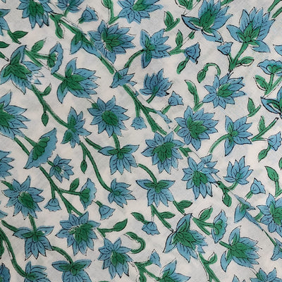 Pure Cotton Jaipuri White With Sea Green And Blue Lotus Hand Block Print Fabric