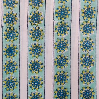 Pure Cotton Jaipuri White With Sea Green Border With Floral Chakra Hand Block Print Fabric