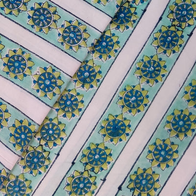 Pure Cotton Jaipuri White With Sea Green Border With Floral Chakra Hand Block Print Fabric