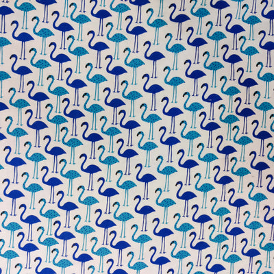 Pure Cotton Jaipuri White With Shades Of Blue Flamingoes Hand Block Print Fabric