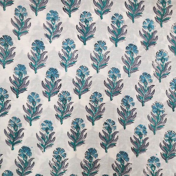 Pure Cotton Jaipuri White With Shades Of Blue Floral Motifs Hand Block Print Fabric