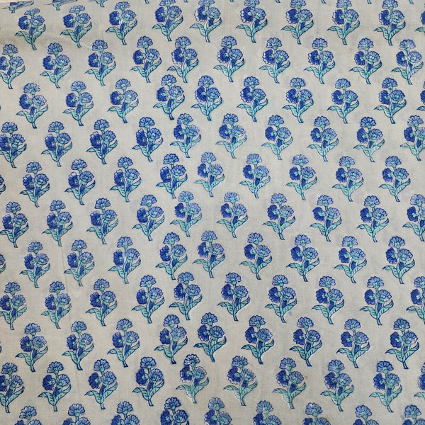 Pure Cotton Jaipuri White With Shades Of Blue Small Flower Hand Block Print Fabric