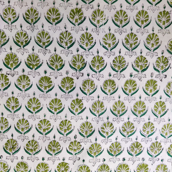 Blouse Piece 1 Meter Pure Cotton Jaipuri White With Shades Of Green Motif Hand Block Print Fabric