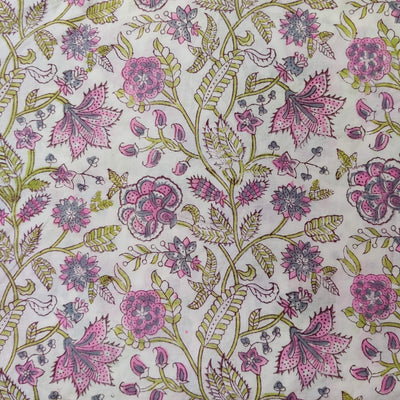 Pure Cotton Jaipuri White With Shades Of Pink Purple Floral Jaal Hand Block Print Fabric