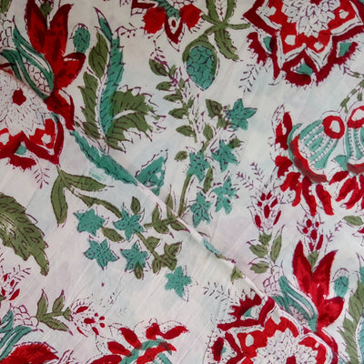 Pure Cotton Jaipuri White With Shades Of Red Orange Wild Flower Jaal Hand Block Print Fabric