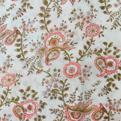 Pre-cut 1.30 meter Pure Cotton Jaipuri White With Simple Pink Peach Jaal Hand Block Print Fabric