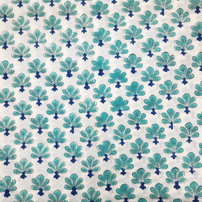 Pure Cotton Jaipuri White With Small Sea Green And Blue Motifs Hand Block Print Fabric