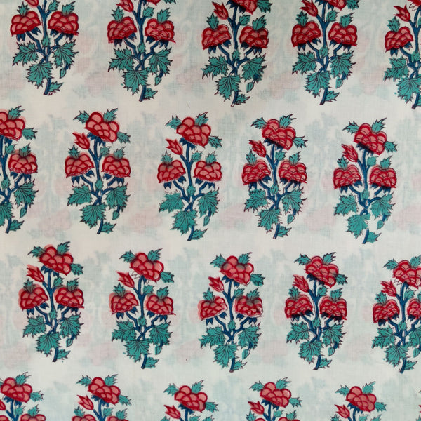 Pure Cotton Jaipuri White With Teal And Shades Of Red Wild Floral Shrub Border Hand Block Print Fabric