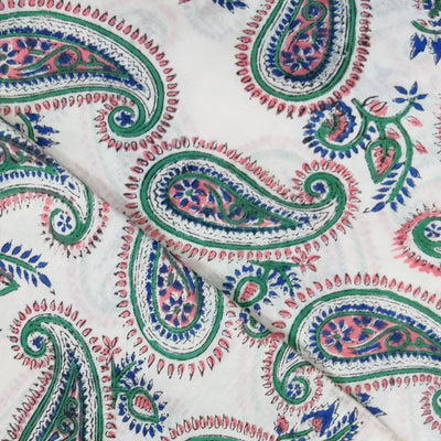 Pure Cotton Jaipuri White With Teal Blue Kairis Hand Block Print Fabric