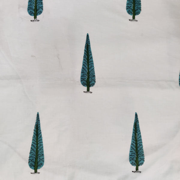 Pre-cut 2 meter Pure Cotton Jaipuri White With Teal Cypress Tree Hand Block Print Fabric