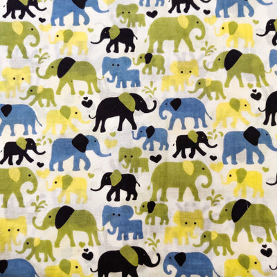 Pre Cut( 2 Meter) Pure Cotton Jaipuri White With The Elephant Family Hand Block Print Fabric