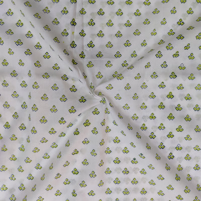 Pure Cotton Jaipuri White With Tiny Green Motifs Hand Block Print Fabric
