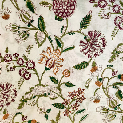 Pure Cotton Jaipuri White With Wild Flower Jaal Hand Block Print Fabric