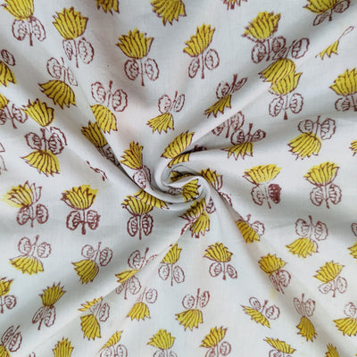 Pure Cotton Jaipuri White With Yellow Floral Hand Block Print Fabric