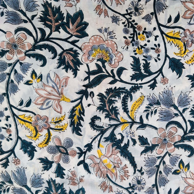 Pure Cotton Jaipuri White With Yellow Grey Wild Jaal Hand Block Print Fabric