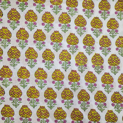 Pure Cotton Jaipuri White With Yellow Mustard Bud Motifs Hand Block Print Fabric