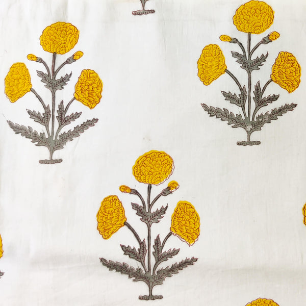 Pure Cotton Jaipuri White With Yellow Three Flower Genda Plant Mughal Hand Block Print Fabric
