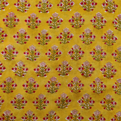 Pure Cotton Jaipuri Yellow Wit Pink And Red Flowers Hand Block Print Fabric
