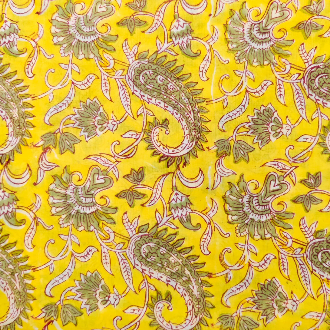 Pre-cut 1.70 meter Pure Cotton Jaipuri Yellow With Green Kairi Jaal Ha ...