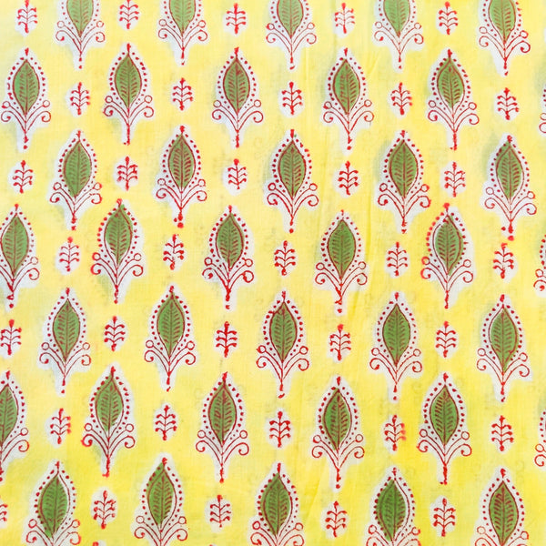 Pre-cut 1.65 meter Pure Cotton Jaipuri Yellow With Green Motifs Hand Block Print Fabric