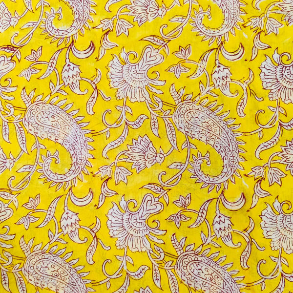 pre-cut Pure Cotton Jaipuri Yellow With Kairi Jaal Hand Block Print Fabric(2 meter)