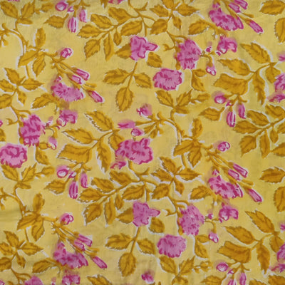 Pure Cotton Jaipuri Yellow With Pink And Mustard Jaal Hand Block Print Blouse Piece Fabric (0.80 Meter)