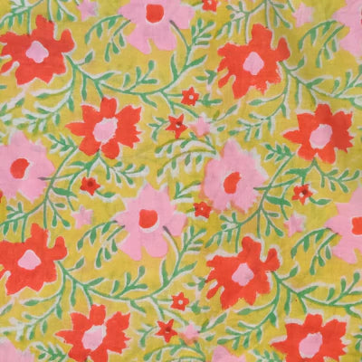 Pure Cotton Jaipuri Yellow With Pink And Orange Floral Jaal Hand Block Print Blouse Fabric ( 1 Meter )