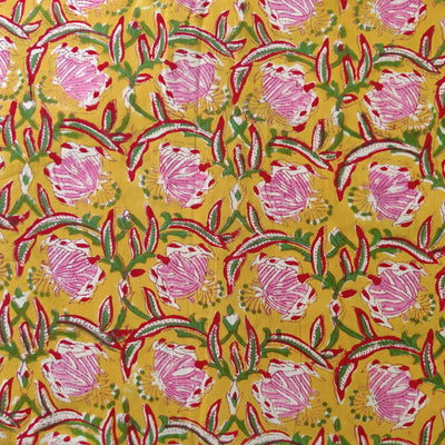 Pre-cut 1.5 Meter Pure Cotton Jaipuri Yellow With Pink Hand Block Print Fabric