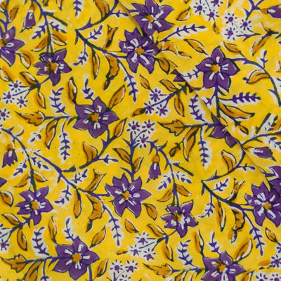 Pure Cotton Jaipuri Yellow With Purple Flower Jaal Hand Block Print Blouse Fabric (1.12 meter)
