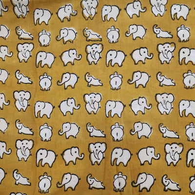 Pure Cotton Jaipuri Yellow With Tiny Baby Elephants Hand Block Print Fabric
