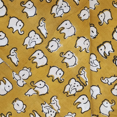 Pure Cotton Jaipuri Yellow With Tiny Baby Elephants Hand Block Print Fabric