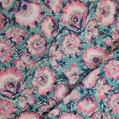 Pure Cotton Jaipuri Light Blue With Pink Wild Small Floral Jaal Hand Block Print Fabric