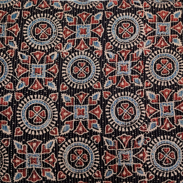 Pure Cotton Kaatha Ajrak Black Geometric Tribal Tiles Hand Block Print Fabric