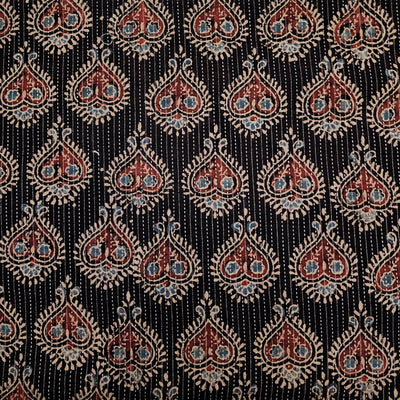Pure Cotton Kaatha Ajrak Black Paan Motif Hand Block Print Fabric