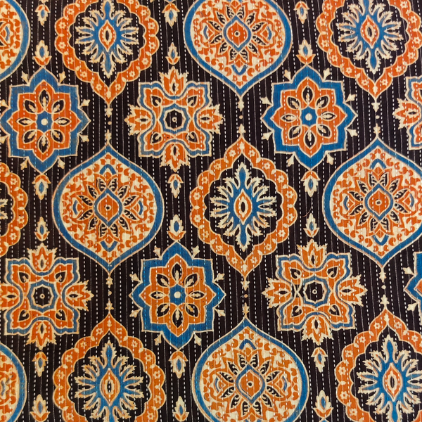 Pre-cut Pure Cotton Kaatha Ajrak Black With Orange Blue Wild Motifs Stripes Hand Block Print Fabric( 1.5 meter)