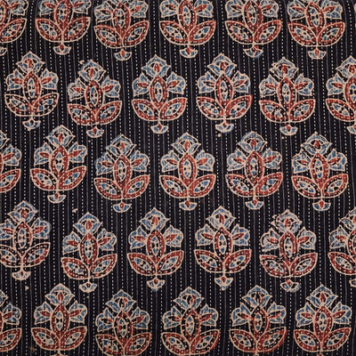 Pure Cotton Kaatha Ajrak Black With Rust And Blue Floral Motif Hand Block Print Fabric