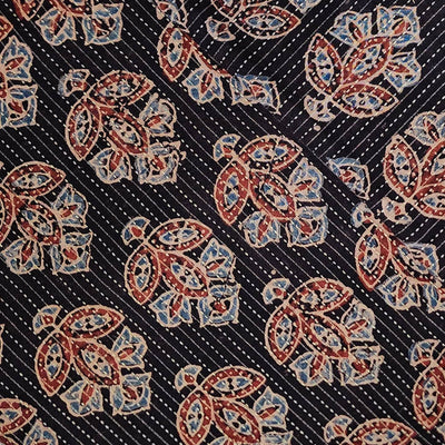 Pure Cotton Kaatha Ajrak Black With Rust And Blue Floral Motif Hand Block Print Fabric