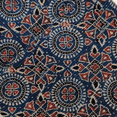 Pure Cotton Kaatha Ajrak Blue Geometric Tribal Tiles Hand Block Print Fabric