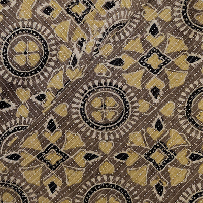 Pure Cotton Kaatha Ajrak Mehendi Brown Geometric Tribal Tiles Hand Block Print Fabric