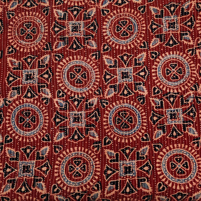 Pure Cotton Kaatha Ajrak Rust Geometric Tribal Tiles Hand Block Print Fabric