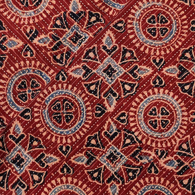 Pure Cotton Kaatha Ajrak Rust Geometric Tribal Tiles Hand Block Print Fabric