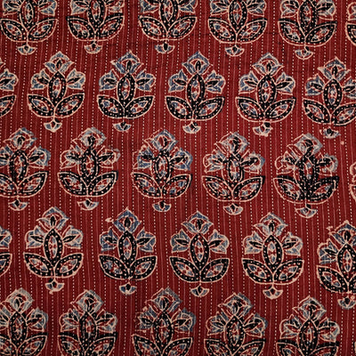 Pure Cotton Kaatha Ajrak Rust With Blue And Black Floral Motif Hand Block Print Fabric