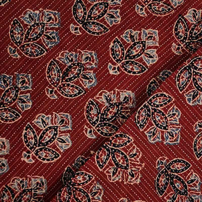 Pure Cotton Kaatha Ajrak Rust With Blue And Black Floral Motif Hand Block Print Fabric