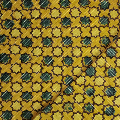 Pure Cotton Kaatha Ajrak Turmeric Dyed All Stars Motif Hand Block Print Fabric