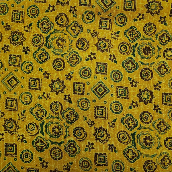Pure Cotton Kaatha Ajrak Turmeric Dyed With Blue Rust Square Circle Star Tiles Hand Block Print Fabric