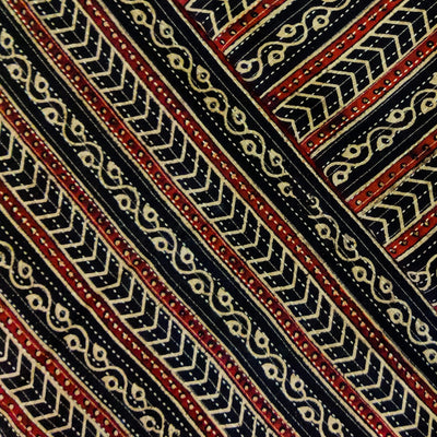 Pure Cotton Kaatha Ajrak With Intricate Stripes Hand Block Print Fabric